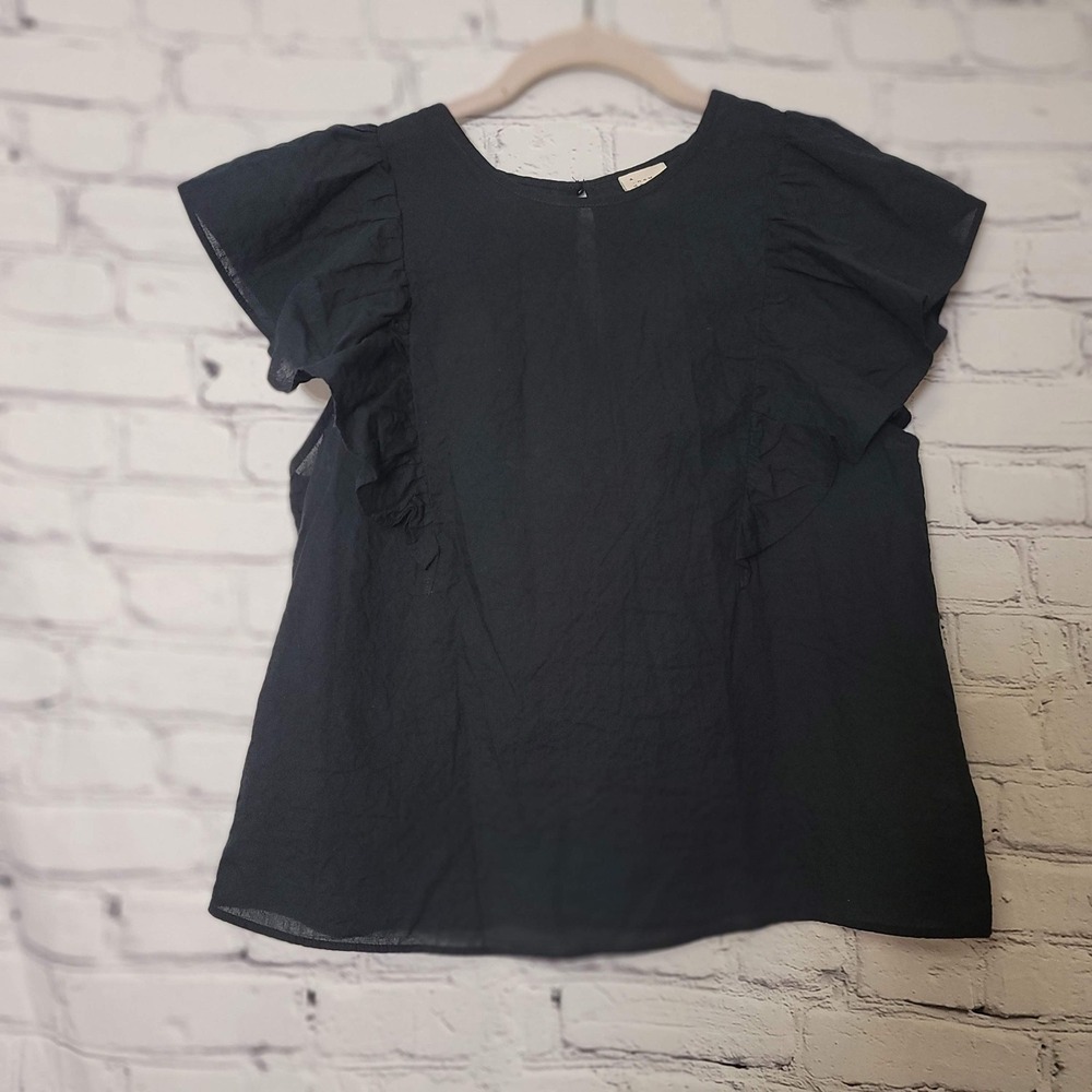 A New Day Black Ruffle Sleeve Blouse Top‎ Crew Neck Keyhole Back M Chic Travel